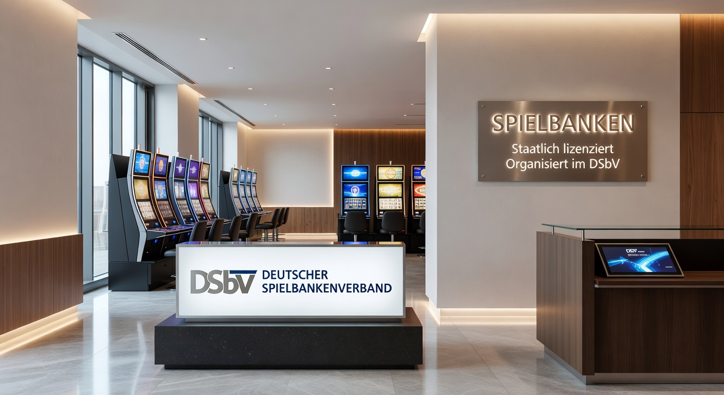 Detailliertes Bild einer Spielbank-Halle mit Roulette-Tischen, Poker-Spielern und leuchtenden Automaten, das die Lebendigkeit der deutschen Casinos einfängt